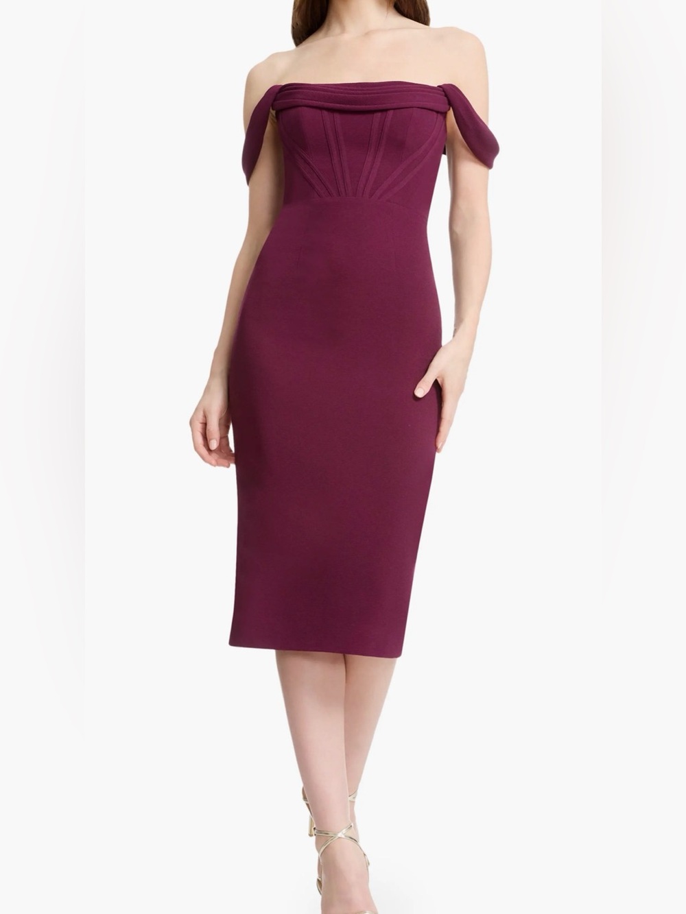 Dress The Population Vickie Off the Shoulder Midi Corset Dress, Medium